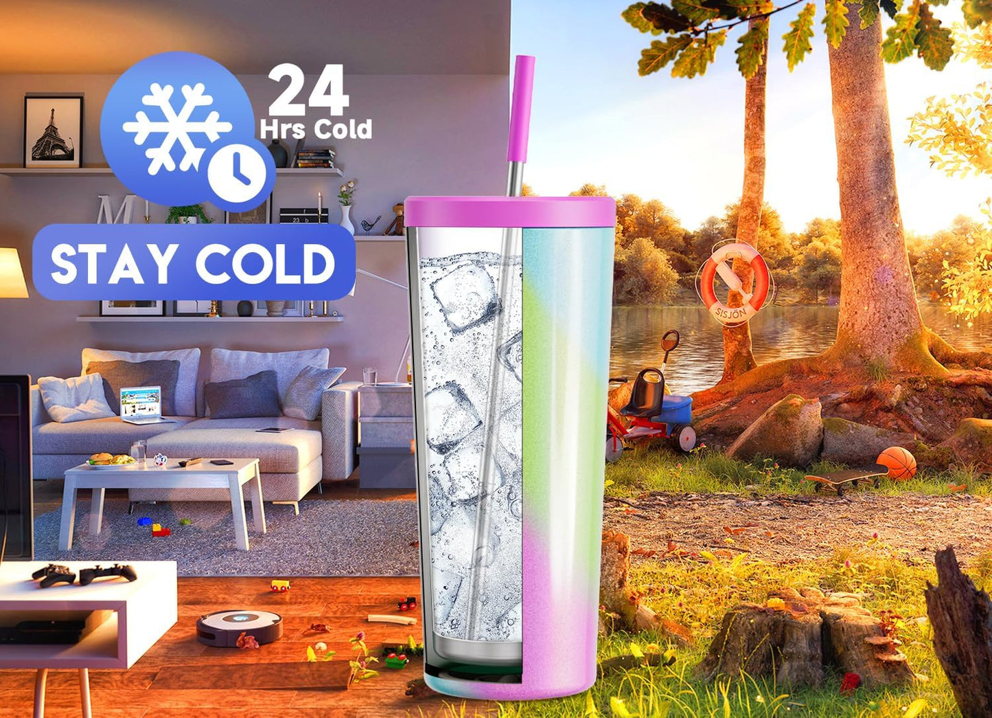 Meoky 24 oz Insulated Tumbler with Lid and Straw, Stainless Steel Vacuum Insulated Tumbler, Keeps Cold for 24 Hours, 100% Leak Proof, Fits in Car Cup Holder (Night)