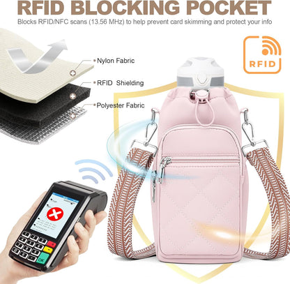 SYTRAH Water Bottle Carrier Bag with Strap, Water Bottle Purse with Phone Pocket 40oz for Walking Hiking
