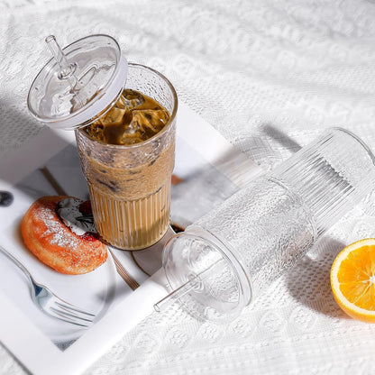 Iced Coffee Cups with Lids: Coffee Bar Accessories - Ribbed Glass Tumbler with Straw and Lid 4Pcs - 20oz Leak Proof Tumbler - Reusable Glass Cups and Tumblers with Lid and Straws for To Go Iced Coffee