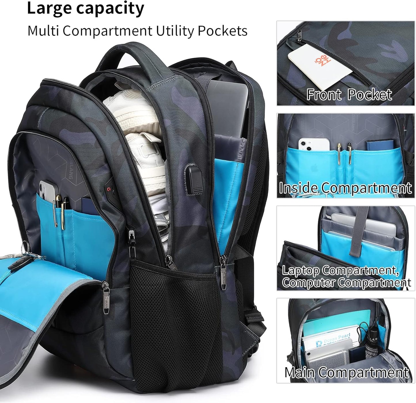 DUSLANG 17 Inch Laptop Backpack for Travel Water Resistant College Backpack for Men/Women Laptop Bag with USB Charging Port,Black - Colors B