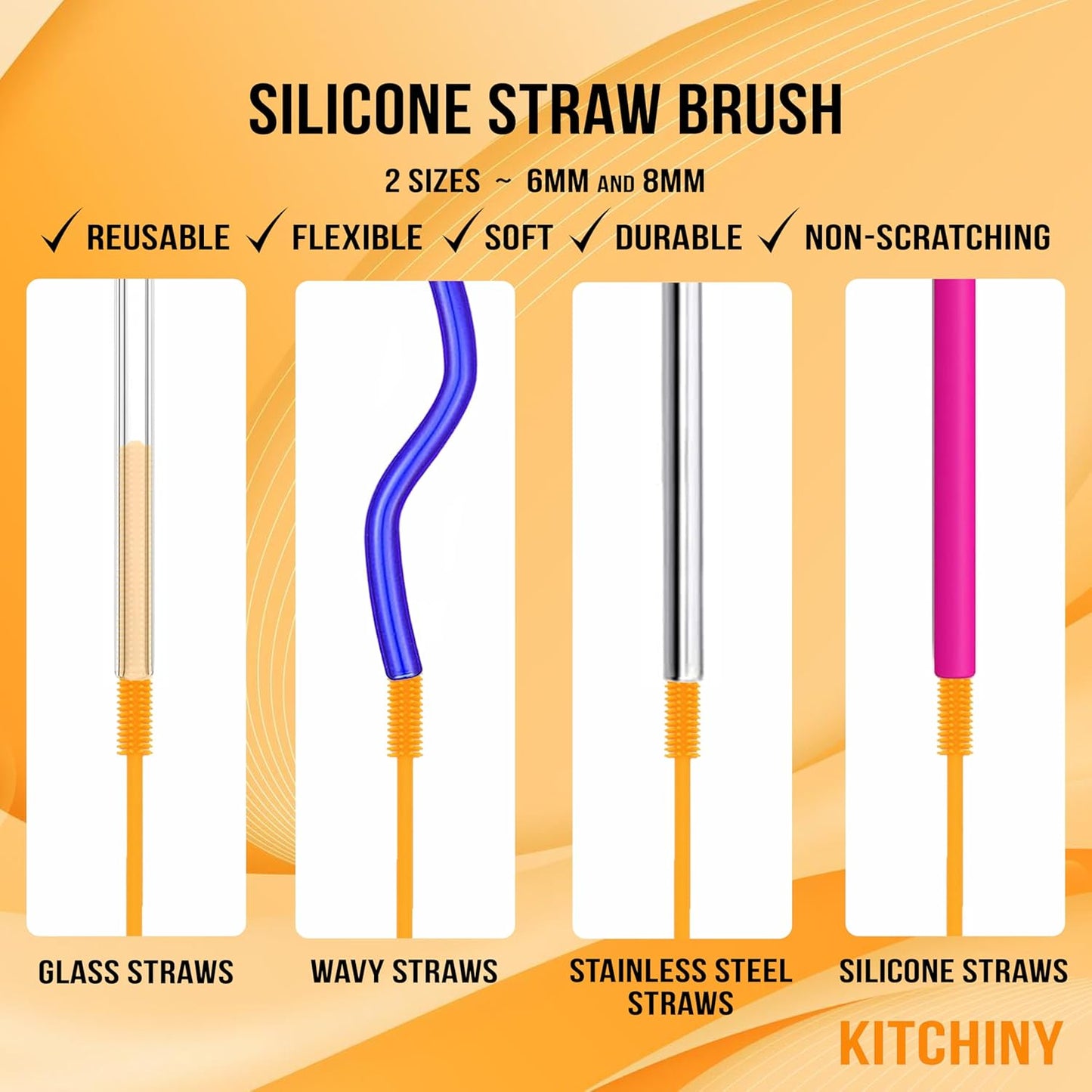 Kitchiny Silicone Bottle Brush with 2 Straw Cleaners - 12.5” Water Bottle Cleaner Brush for Yeti, Hydro Flask, Owala, Stanley, Baby Bottles, Glassware, Vases & Narrow Neck Containers - Orange
