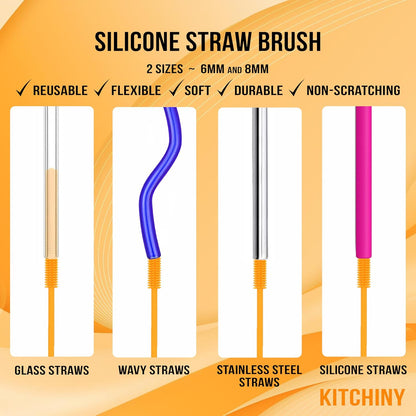 Kitchiny Silicone Bottle Brush with 2 Straw Cleaners - 12.5” Water Bottle Cleaner Brush for Yeti, Hydro Flask, Owala, Stanley, Baby Bottles, Glassware, Vases & Narrow Neck Containers - Orange