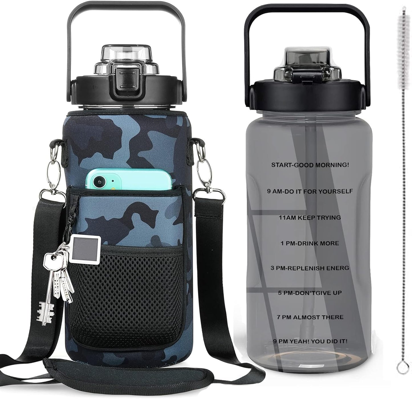 Half Gallon Water Bottle with Sleeve, 64OZ Motivational Water Bottle with Straw & Time Marker, BPA Free Leakproof Gym for Sport Workout