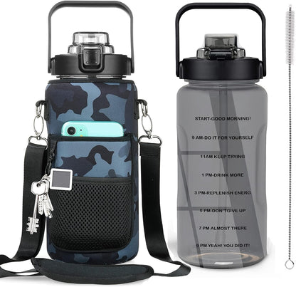 Half Gallon Water Bottle with Sleeve, 64OZ Motivational Water Bottle with Straw & Time Marker, BPA Free Leakproof Gym for Sport Workout