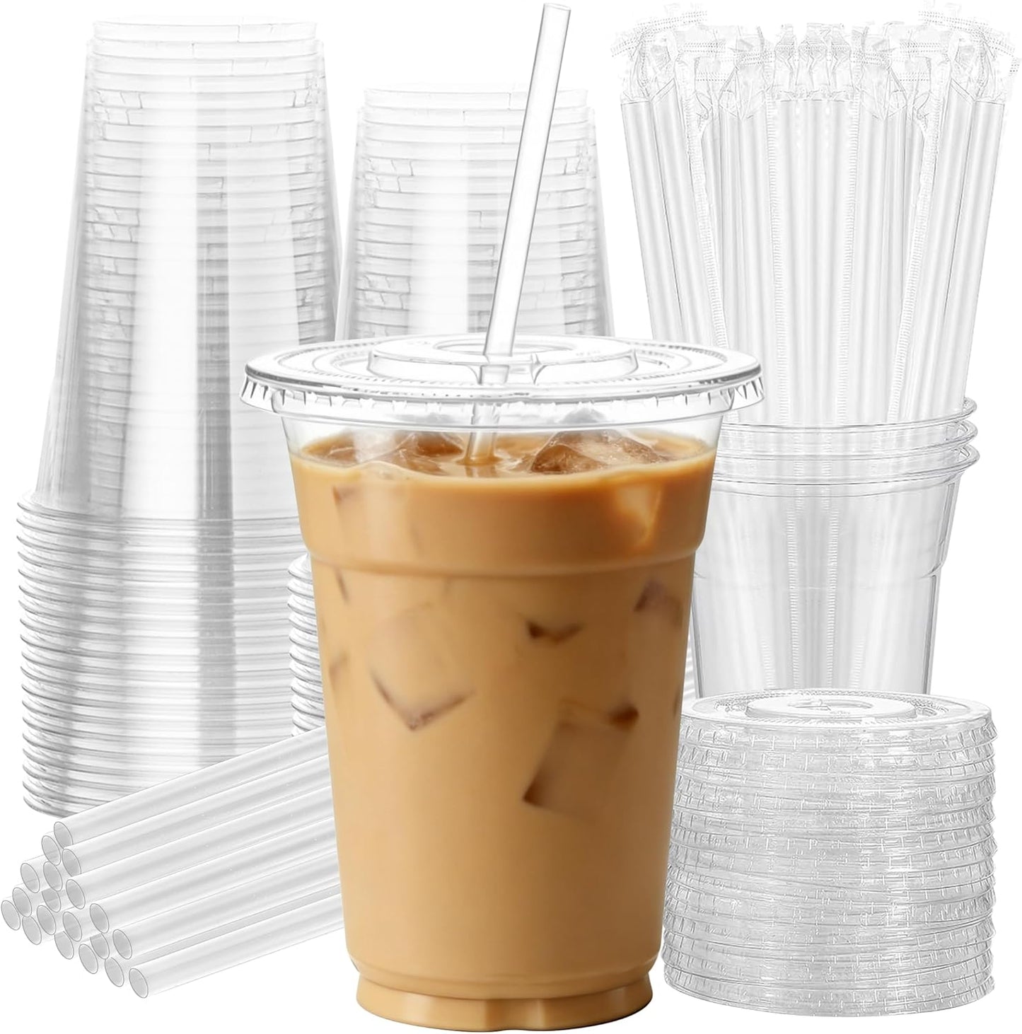25 Pack 16 oz Clear Plastic Cups with Lids and Straws, Leak-Proof Disposable Iced Coffee Cups, BPA-Free PET Cold Drink Tumblers for Smoothie, Tea and Juice, Crystal Clear To Go Cups
