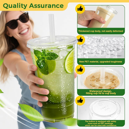 Charmount 32 oz Clear Plastic Cups with Lids and Jumbo Boba Straws, Disposable To Go Cups for Iced Coffee, Milkshake, Smoothies, Boba Milk Tea, Matcha Latte – 25 Sets