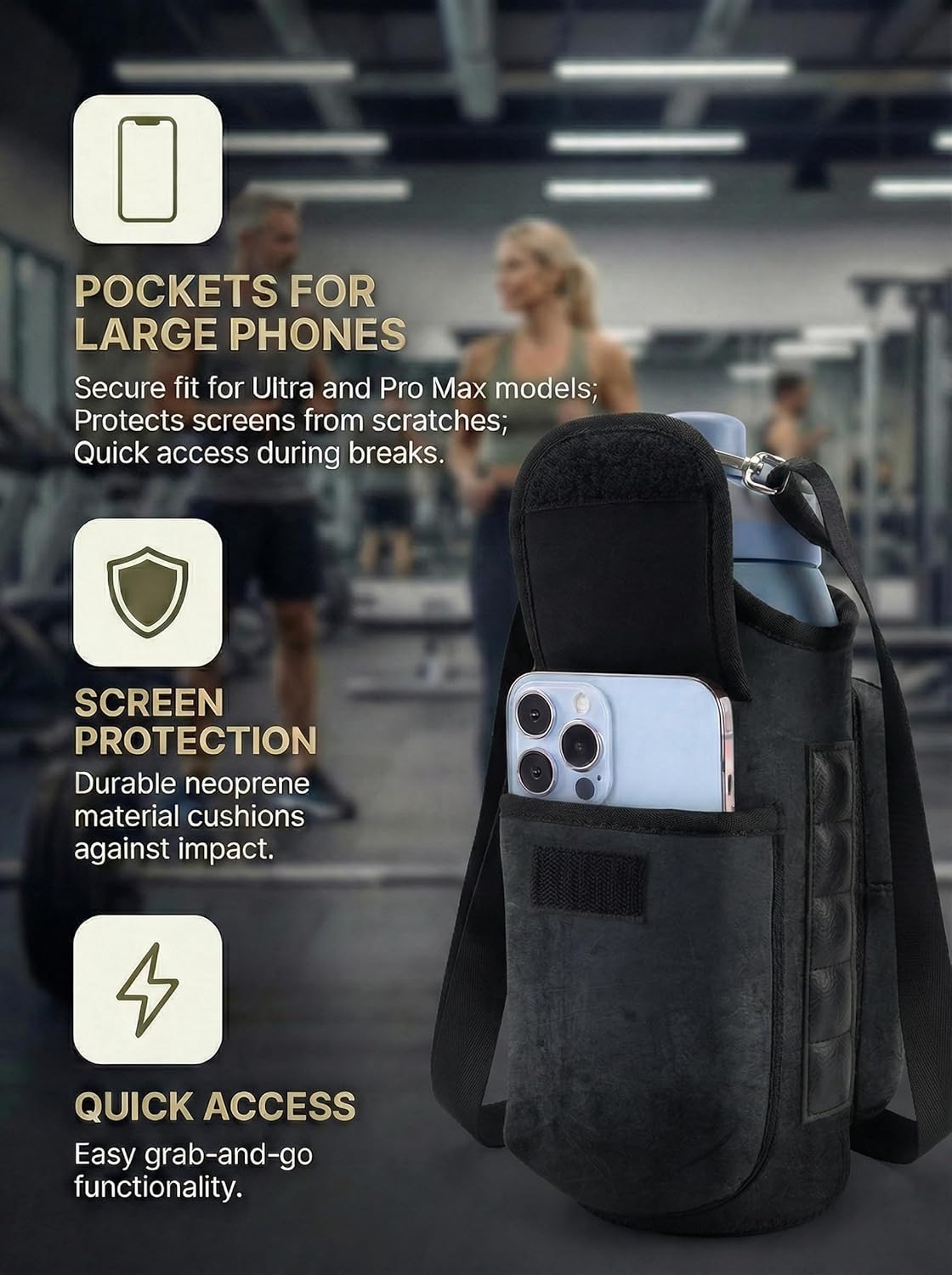 Magnetic Gym Tote,18-40oz Water Bottle Bag Holder,Neoprene Case Pouch with Phone Pocket,Men Women Workout Accessories
