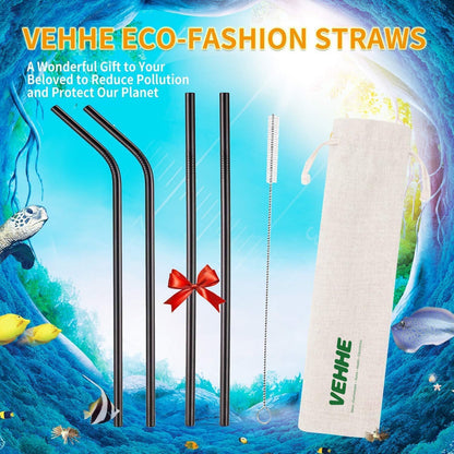 VEHHE Metal Straws Stainless Steel Straws Drinking Straws Reusable - 10.5" Ultra Long 4 + 1 - W/Cleaning Brush for 20/30 Oz for Yeti RTIC SIC Ozark Trail Tumblers (2 Straight|2 Bent|1 Brush)