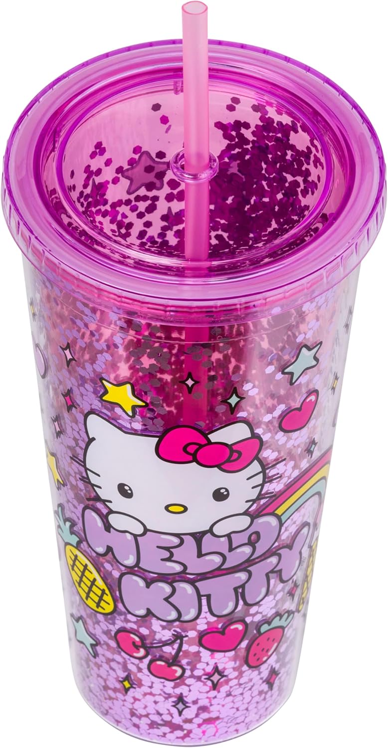 Silver Buffalo Sanrio Hello Kitty Milk Carton Pattern Plastic Boba Tumbler w Lid and Wide Straw, 24 Ounces