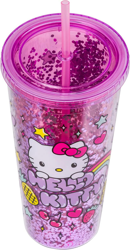 Silver Buffalo Sanrio Hello Kitty Milk Carton Pattern Plastic Boba Tumbler w Lid and Wide Straw, 24 Ounces