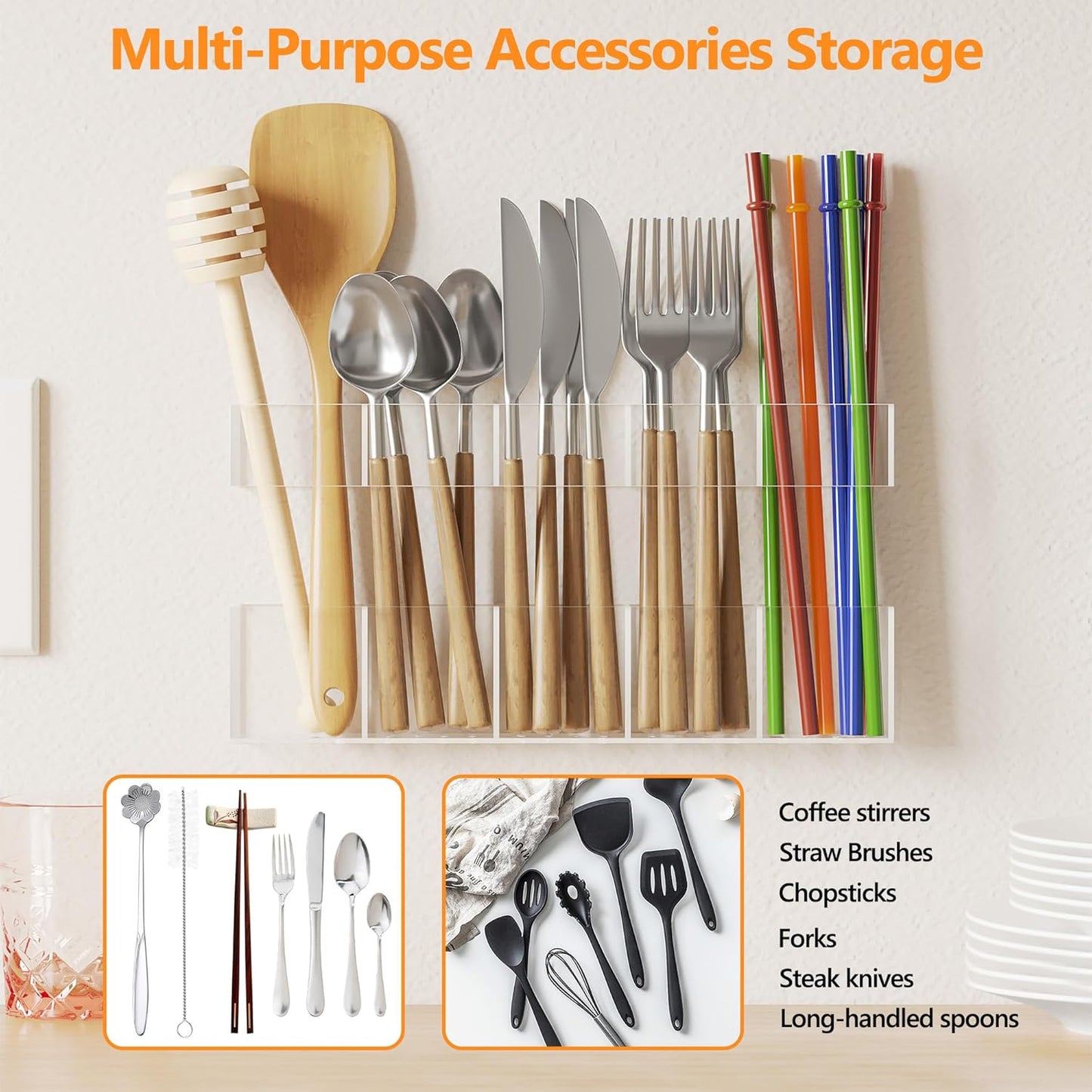 Acrylic Straw Holder for Cabinet Door, Reusable Tumbler Straw Organizer Storage inside Cabinet, Kitchen Accessories for Utensil, Ultra Sticky Adhesive Mounted, Black
