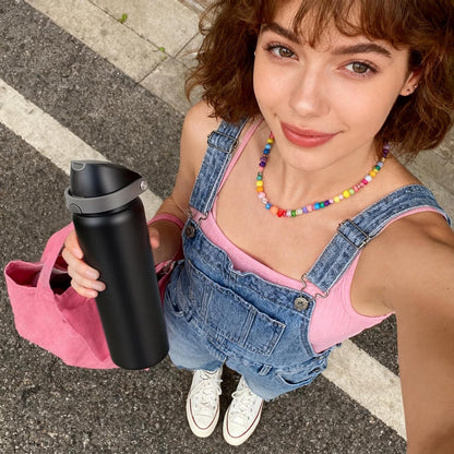 24 oz Stainless Steel Water Bottle with 2-in-1 Quick Flip Straw and Push Button Spout Lid, Fits Car Cupholder, Triple Walled Vacuum Insulated Metal Leakproof, for Gym, Hiking, Trip, Black