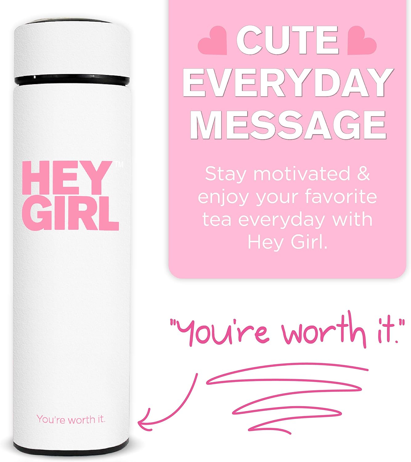 Hey Girl Tea Infuser Bottle 450ml - Insulated Stainless Steel Water Bottle - Tea Tumbler with Tea Diffuser - Portable Travel Mug for Loose Leaf Tea & Infused Water - Tea Lovers Gifts for Women (Pink)