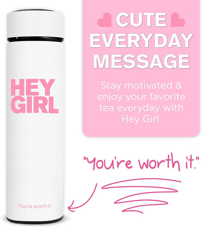 Hey Girl Tea Infuser Bottle 450ml - Insulated Stainless Steel Water Bottle - Tea Tumbler with Tea Diffuser - Portable Travel Mug for Loose Leaf Tea & Infused Water - Tea Lovers Gifts for Women (Pink)