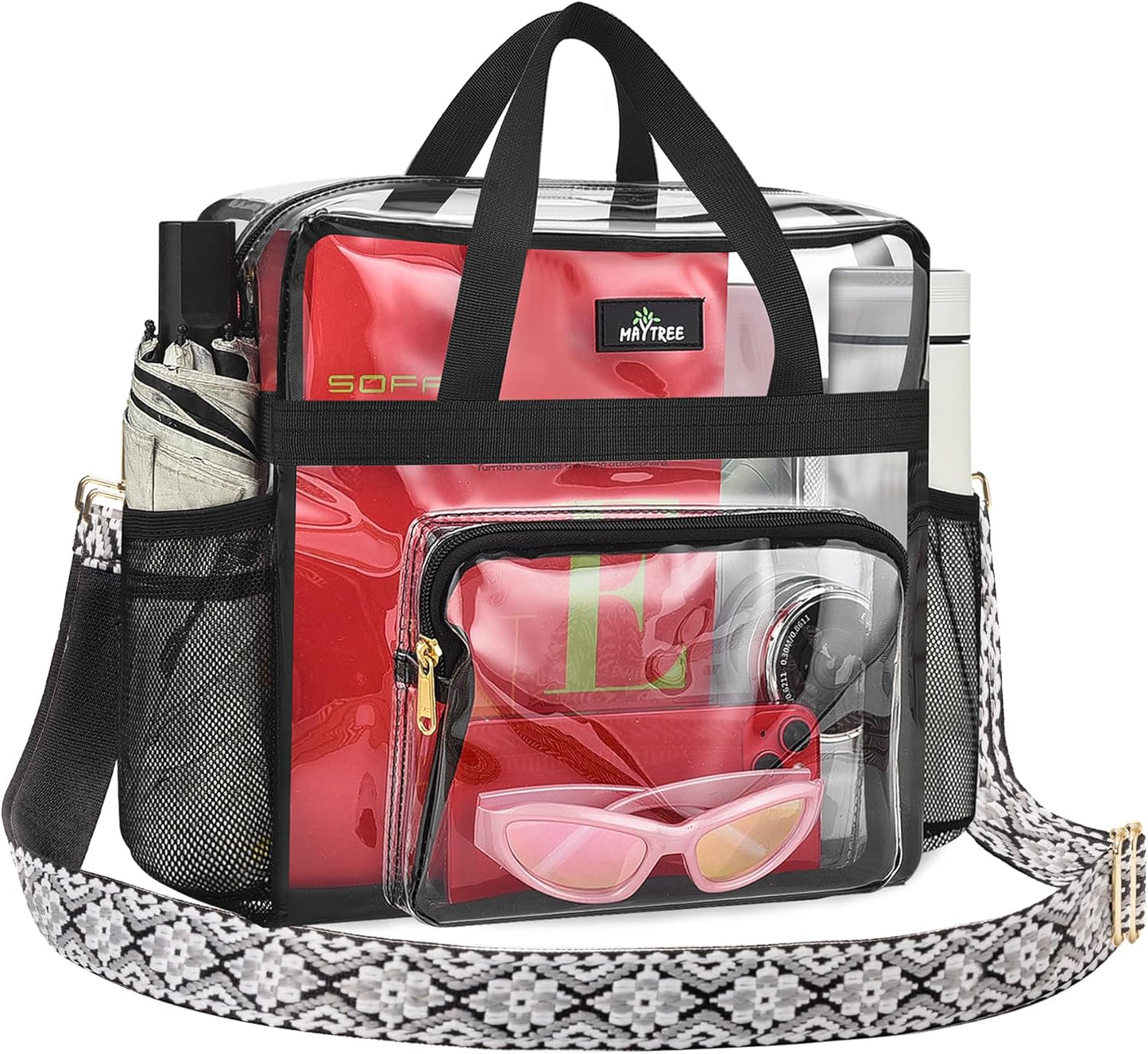 MAY TREE Clear Bag for Stadium Events, 12×5.5×12 Clear Tote Lunch Bag with Non-detachable Reinforced Straps for Work, Sporting Events and Gym, Black