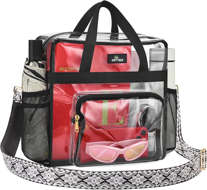 MAY TREE Clear Bag for Stadium Events, 12×5.5×12 Clear Tote Lunch Bag with Non-detachable Reinforced Straps for Work, Sporting Events and Gym, Black