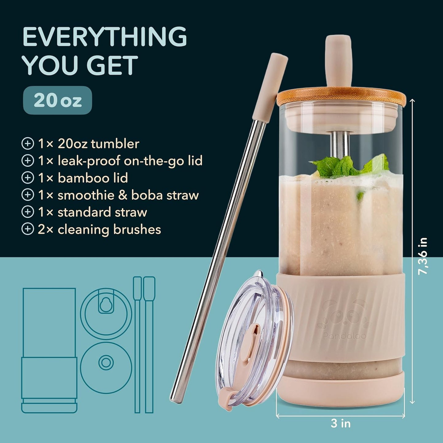 Pandaloo® Glass Cups With Lids and Straws -20 Fl Oz- Perfect Size Iced Coffee Cup - Smoothie Cup With Bamboo Lid and On the go Lid - Glass Tumbler With Straw (1 Count (Pack of 1), Lilac Rhapsody)