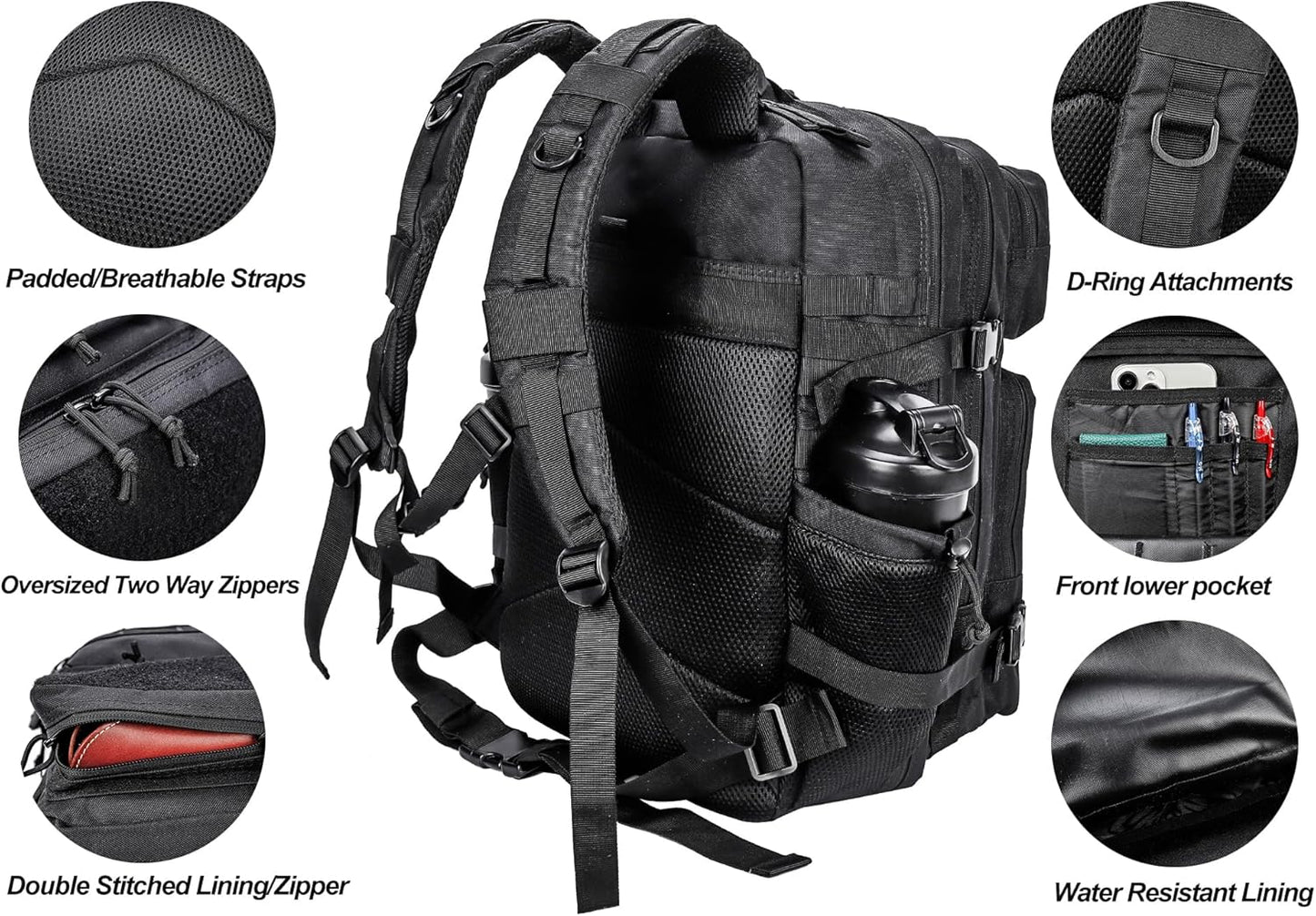 LHI Military Tactical Backpack for Men and Women 45L Army 3 Days Assault Pack Bag Large Rucksack with Molle System - Black - Colors B