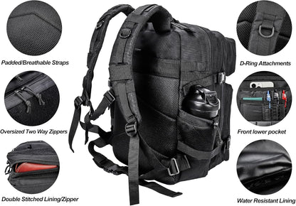 LHI Military Tactical Backpack for Men and Women 45L Army 3 Days Assault Pack Bag Large Rucksack with Molle System - Black - Colors B