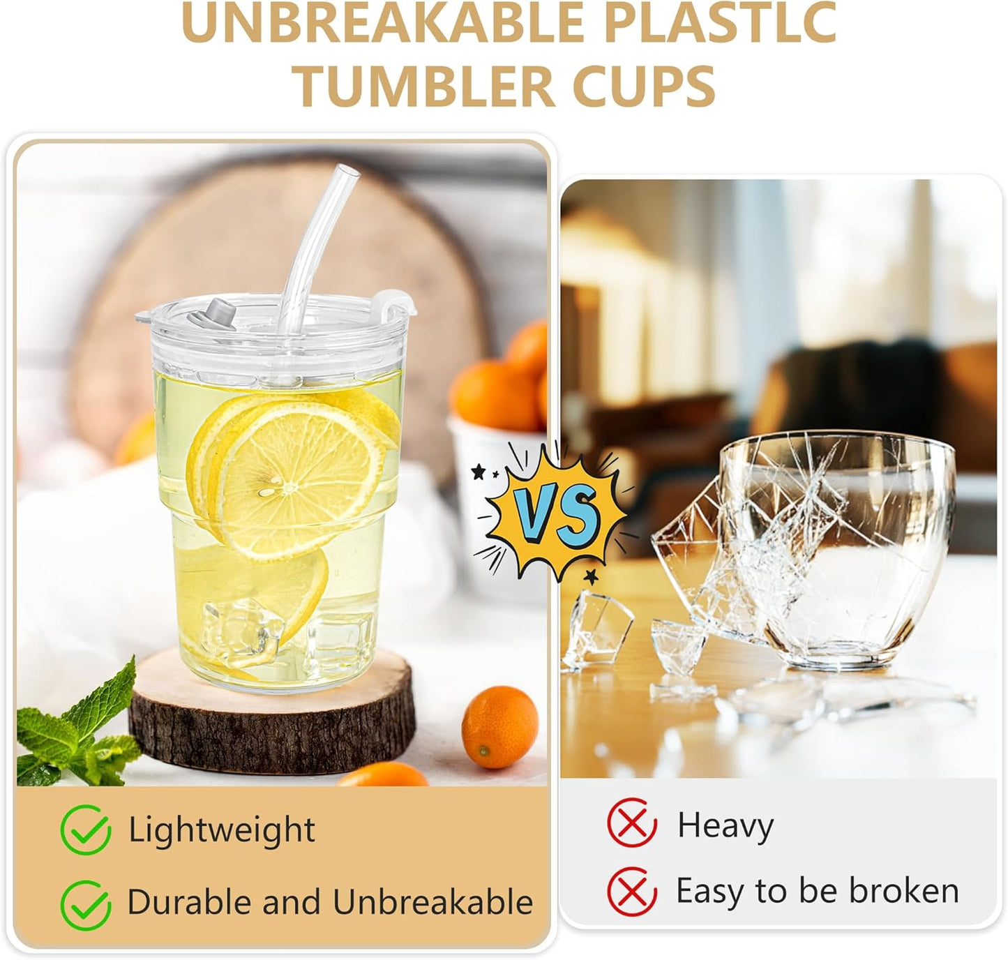15 oz Plastic Matcha Iced Coffee Cups with Lids and Straws Set of 2, Unbreakable Drinking Glasses Reusable Iced Coffee Glass to Go Cup for Tea Smoothie Juice Cup Dishwasher Safe