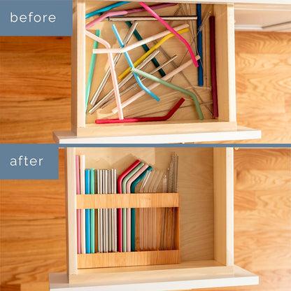 AURA Straw Holder Cabinet Organizer with Compartments, Kitchen Organization for Reusable Straws, Pantry, Office Supplies, 9.5 inches x 6.5 inches x 1 inch, Food-Safe Plastic, Bamboo