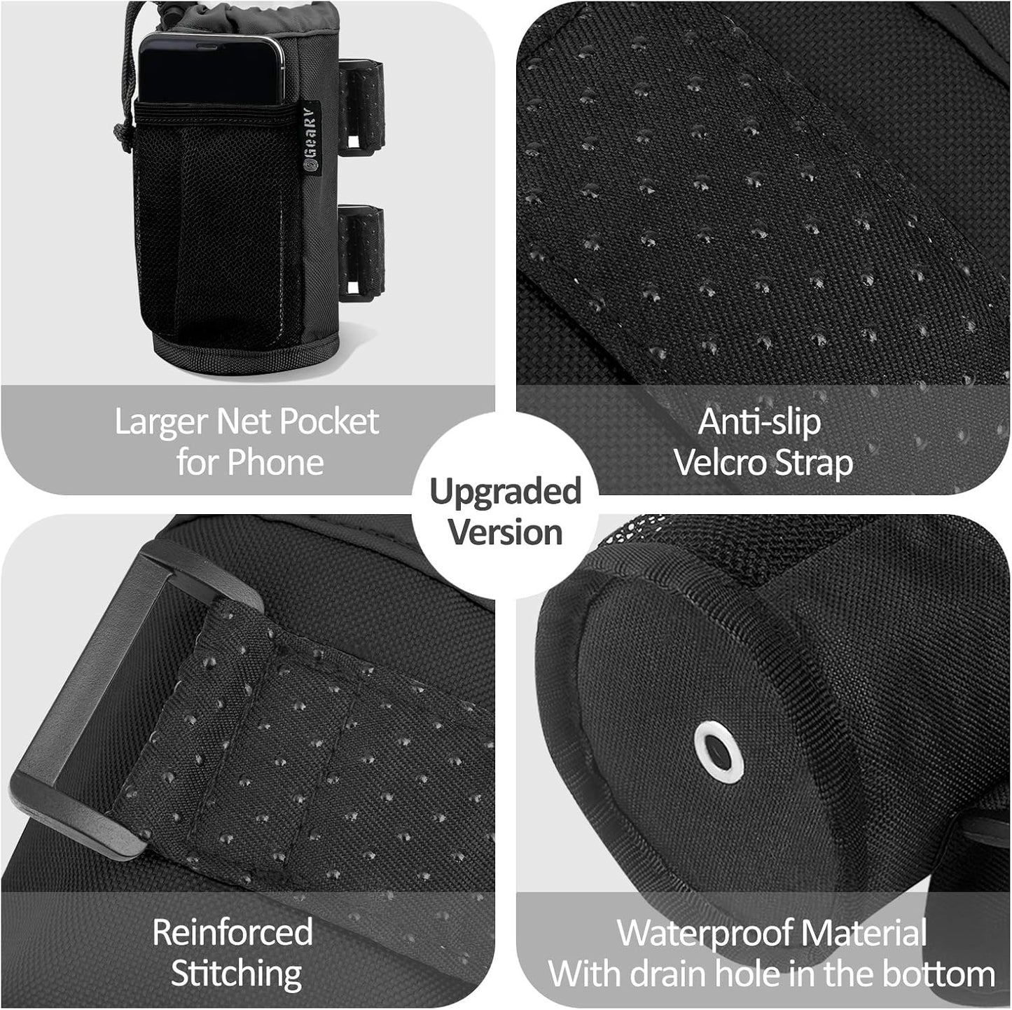 GEARV 2Pack Cup Holder for Bike, Scooter and Wheelchair, Water Bottle Holder for UTV/ATV, Walker, Golf Cart and Beach, Universal Drink Holder Accessories with Net Pocket and Cord Lock (Black)