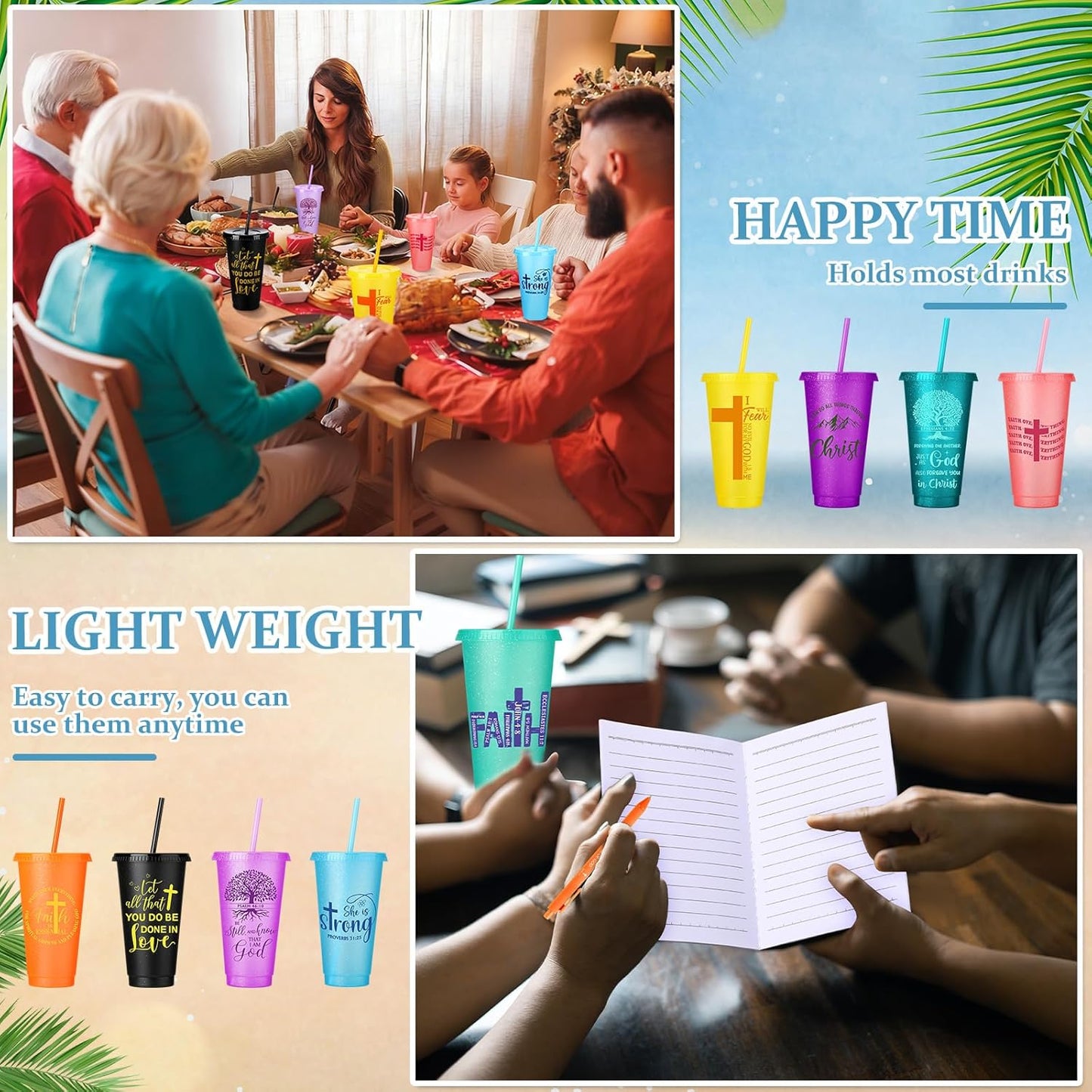 Feifeiya 72 Pcs/ 24 Set Bible Verse Gifts Bulk 24 oz Father's Day Christian Plastic Tumbler with Lids and Straws Inspirational Prayer Notepads Religious Pen Church Cups Gift for Christian Party Favors