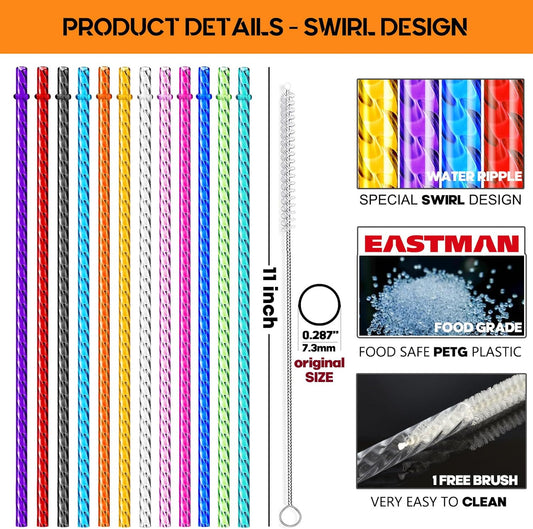 ALINK 12-Pack Reusable Plastic Coloful Swirl Straws, 11 Inch Long PETG Clear Hard Plastic Tumbler Replacement Straws with Brush, BPA-Free, for 16–30 oz Stanley, YETI, Starbucks, Mason Jars, Owala Cups
