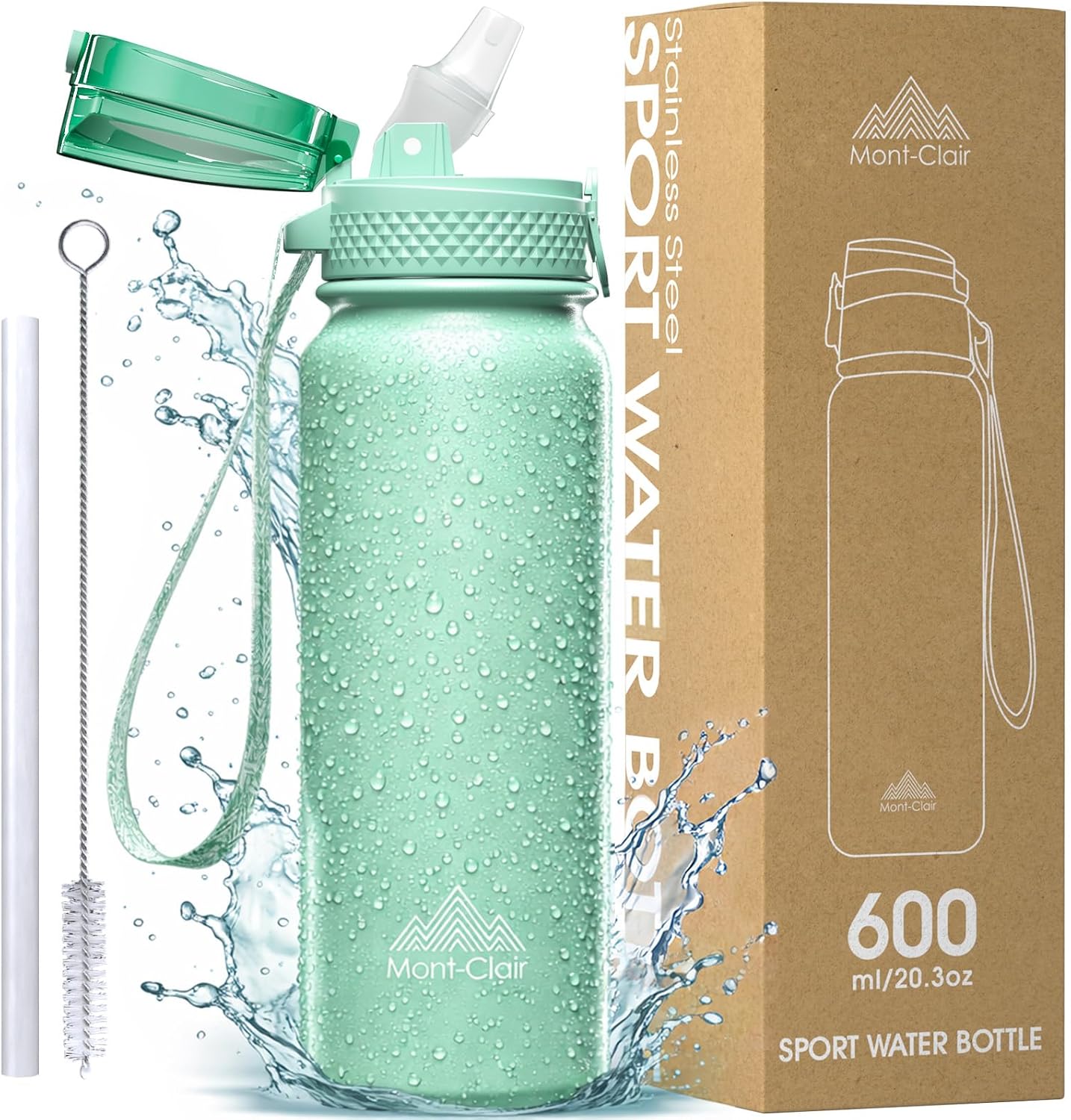 Mont-Clair Sport Water Bottle - 20oz Insulated Water Bottle with Straw - Patented Lid, BPA FREE, For Sports, Gym, Cycling, Bike - Quick Hydration - Black