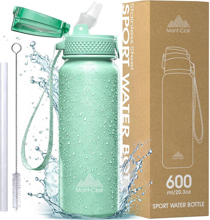 Mont-Clair Sport Water Bottle - 20oz Insulated Water Bottle with Straw - Patented Lid, BPA FREE, For Sports, Gym, Cycling, Bike - Quick Hydration - Black