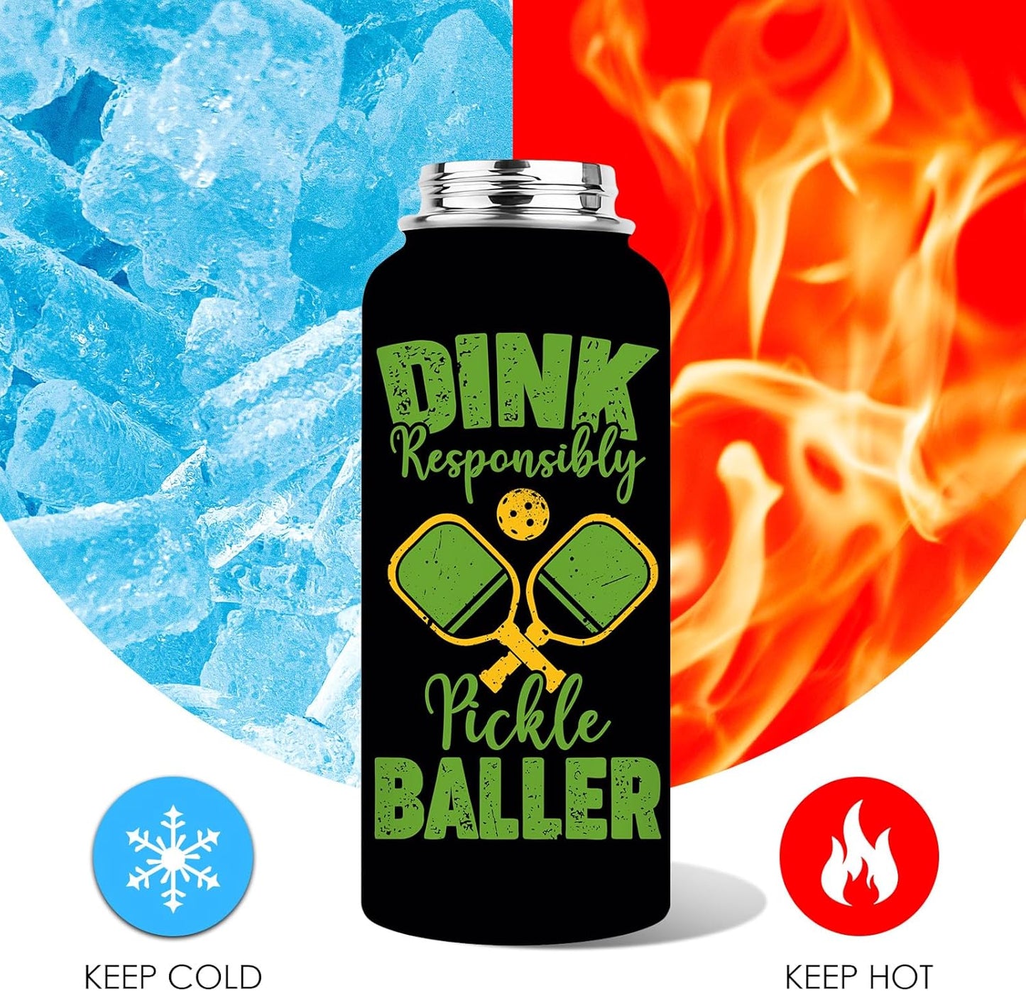 Pickleball Water Bottle 32oz | Insulated Stainless Steel Travel Tumbler with Lid Leak-Proof Keep Hot or Cold, BPA-Free |Dink Responsibly Gifts for Pickleball Lovers