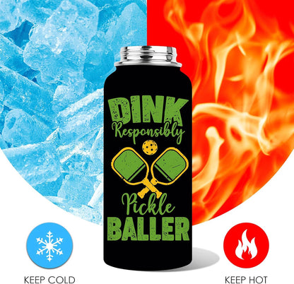 Pickleball Water Bottle 32oz | Insulated Stainless Steel Travel Tumbler with Lid Leak-Proof Keep Hot or Cold, BPA-Free |Dink Responsibly Gifts for Pickleball Lovers