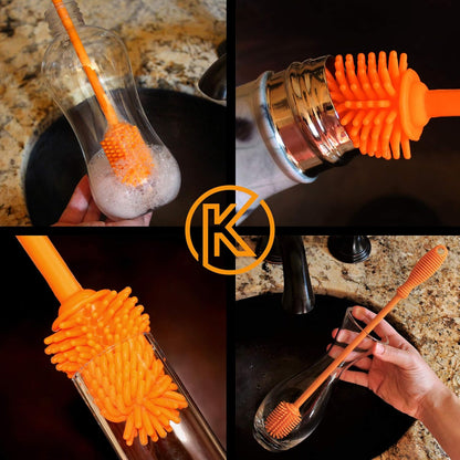 Kitchiny Silicone Bottle Brush with 2 Straw Cleaners - 12.5” Water Bottle Cleaner Brush for Yeti, Hydro Flask, Owala, Stanley, Baby Bottles, Glassware, Vases & Narrow Neck Containers - Orange