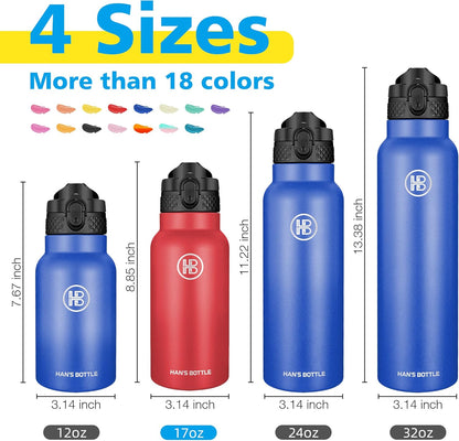 Han's Bottle Sports Water Bottle - 24 Oz, Straw Lid, Leak Proof, Vacuum Insulated Stainless Steel, Double Walled, Thermo Mug,Black