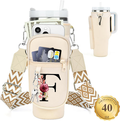 LOKASS Personalized Water Bottle Holder with Strap for Stanley Cup Accessories 40 oz, Initial for Stanley Cup Holder Carrier Bag with Phone Pocket, Stylish Tumbler Accessories for Daily Use Hands-Free