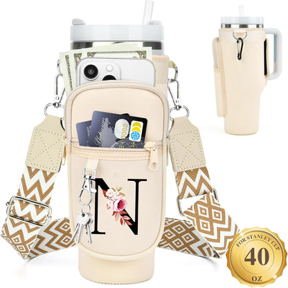 LOKASS Personalized Water Bottle Holder with Strap for Stanley Cup Accessories 40 oz, Initial for Stanley Cup Holder Carrier Bag with Phone Pocket, Stylish Tumbler Accessories for Daily Use Hands-Free
