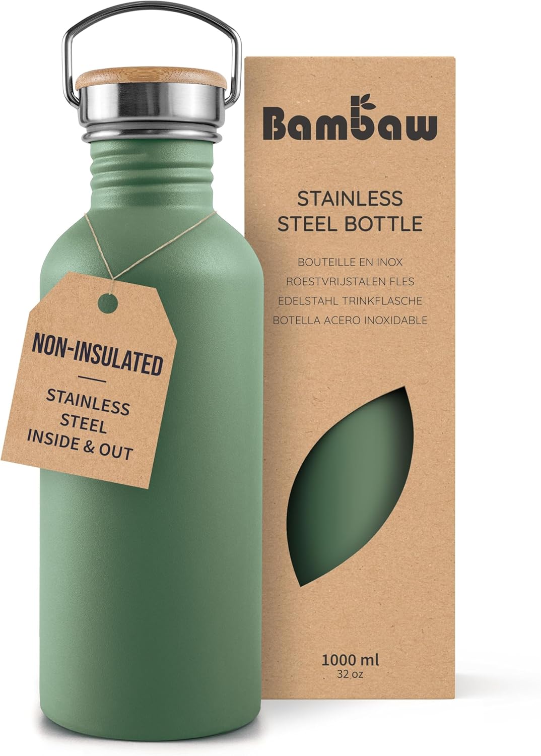 Bambaw Stainless Steel Water Bottles 32 oz, Non-insulated Single Wall Metal Water Bottle Stainless Steel, Reusable & Eco Friendly, Dishwasher Safe – Silver | Non-insulated