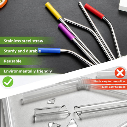 Lazycorner 16 Pcs Metal Straw Reusable 8.5" 10.5" 6mm Stainless Steel Straws for Tumblers 20oz-32oz, Rainbow Drinking Straws with Silicone Tips, 4 Straw Cleaner Brush, 1 Travel Case