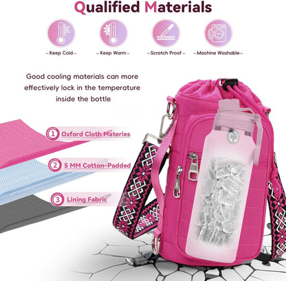 Water Bottle Carrier Bag with Strap, Sling Bag for Walking, Hiking, Cycling, Black, 40 Ounces