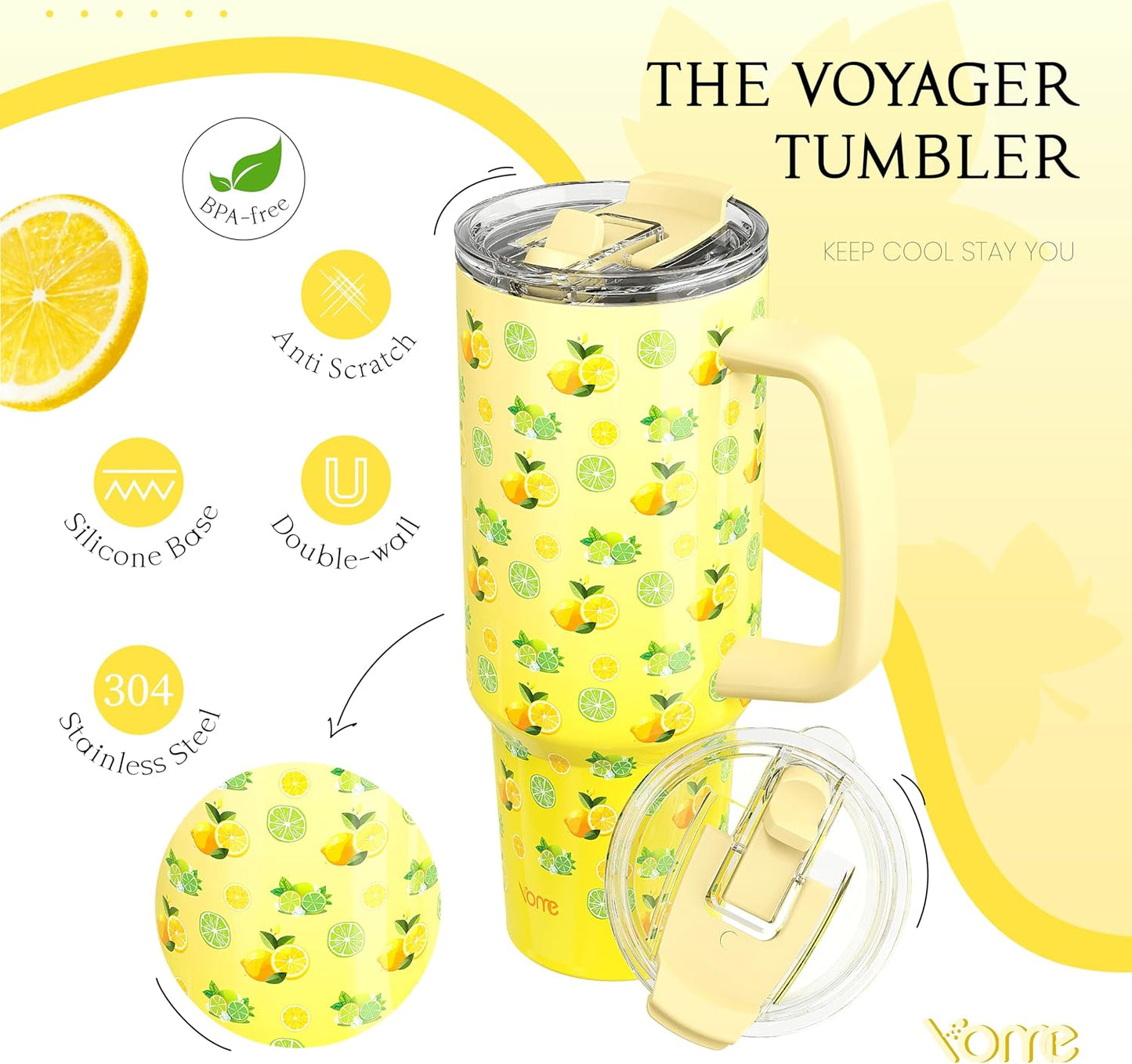 YOME 40oz Nurse Tumbler with Handle and Flip Straw | Stainless Steel Insulated Water Bottle | Keeps Drinks Cold | Dishwasher Safe | Cupholder Friendly | Gift Gym Travel Yoga