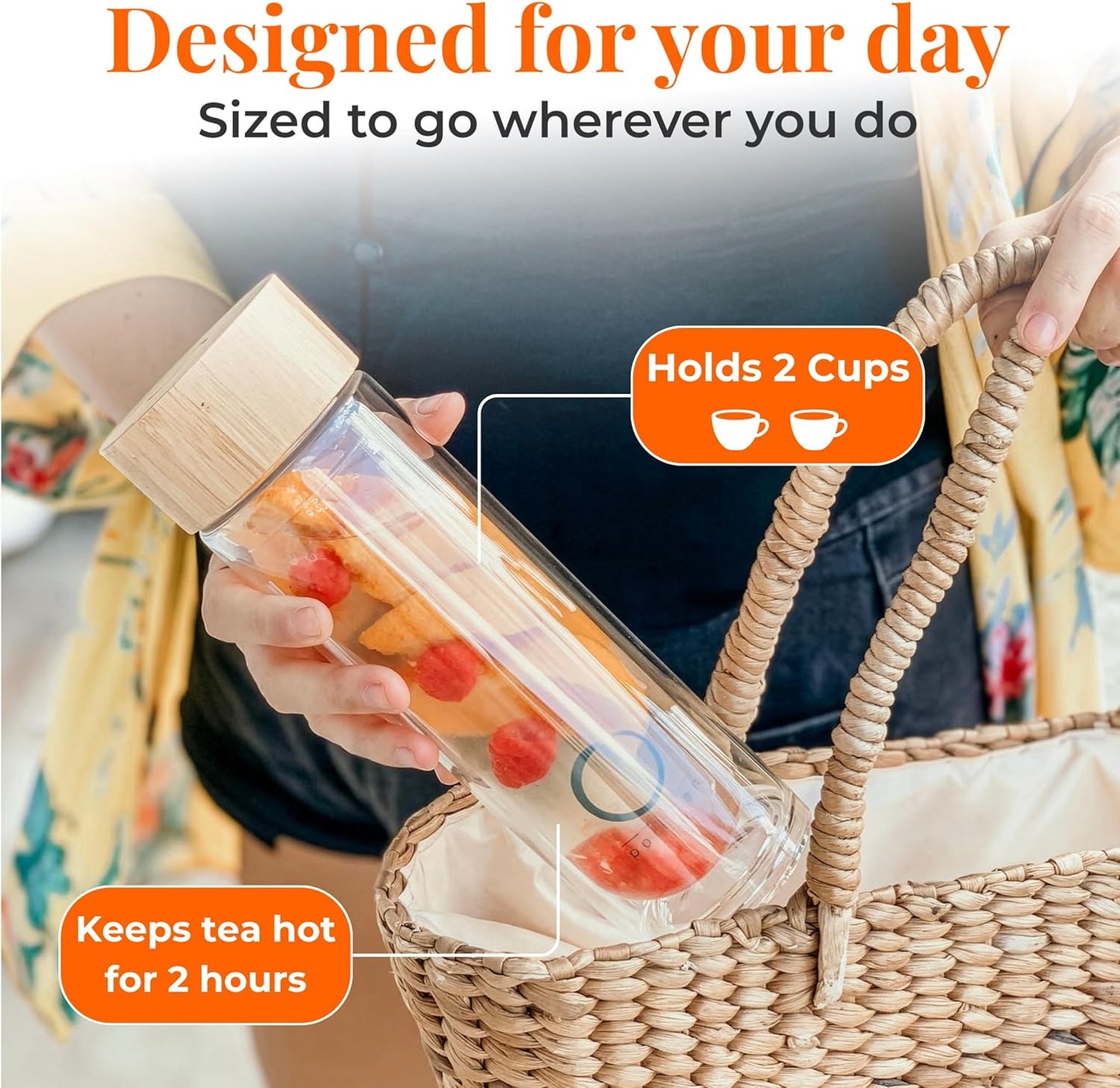 Leakproof Tea Infuser Bottle with Stainless Steel Filter - Insulated Double Wall Tea Tumbler with Infuser for Loose Leaf, Herbal Infusions and Fruit Infused Water - Travel Mug with Bamboo Lid - 15 oz