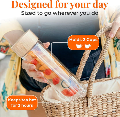 Leakproof Tea Infuser Bottle with Stainless Steel Filter - Insulated Double Wall Tea Tumbler with Infuser for Loose Leaf, Herbal Infusions and Fruit Infused Water - Travel Mug with Bamboo Lid - 15 oz