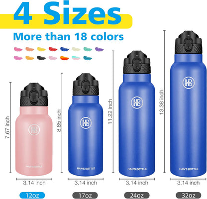Han's Bottle Sports Water Bottle - 24 Oz, Straw Lid, Leak Proof, Vacuum Insulated Stainless Steel, Double Walled, Thermo Mug,Black