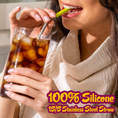 Softy Straws Premium Reusable Stainless Steel Drinking Straws With Silicone Tips + Patented Straw Cleaners and Carrying Case - 9” Long Metal With Curved Bend for 20/30/32oz Tumblers