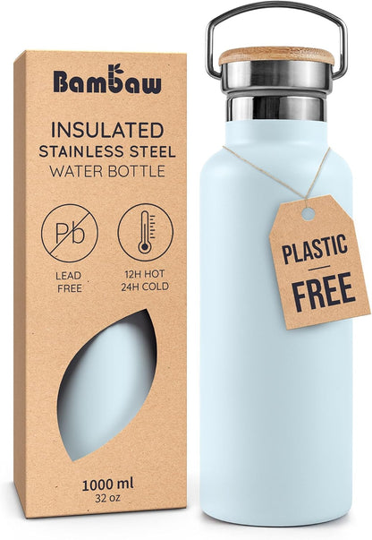 Bambaw 24 oz Stainless Steel Water Bottle, Insulated Metal Water Bottle Wide Mouth, Great for Hiking & Travel, With Handle Easy to Carry, Rust-Resistant & Durable (Aegean Blue)