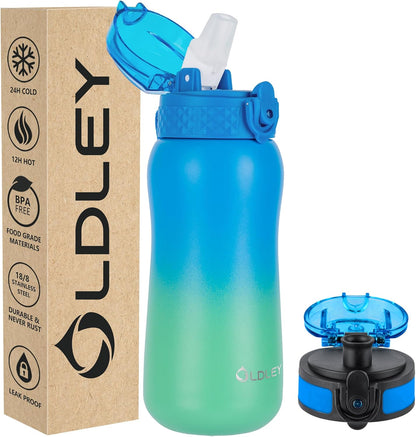 Oldley Insulated Water Bottle 20oz for Adults Kids Stainless Steel Water Bottles with Straw/Chug/Carabiner 3 Lids Fruit Strainer Double Wall Vacuum Wide Mouth BPA Free Leak-Proof for School Travel