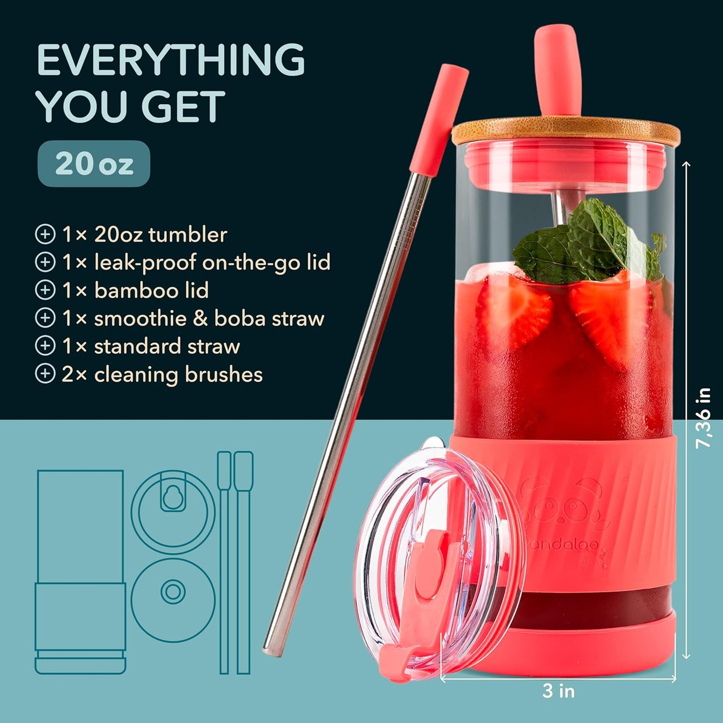 Pandaloo® Glass Cups With Lids and Straws -20 Fl Oz- Perfect Size Iced Coffee Cup - Smoothie Cup With Bamboo Lid and On the go Lid - Glass Tumbler With Straw (1 Count (Pack of 1), Lilac Rhapsody)