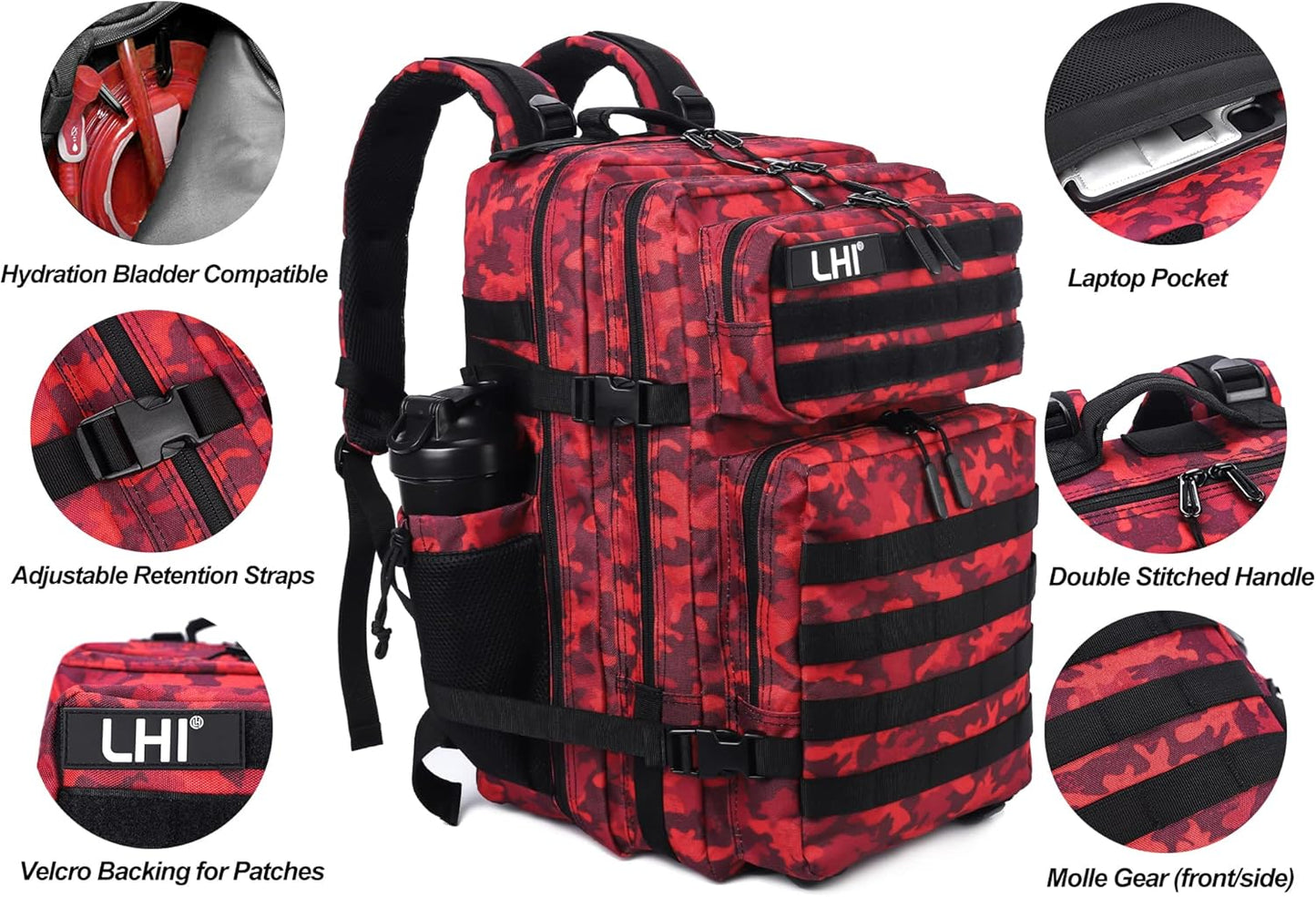 LHI Military Tactical Backpack for Men and Women 45L Army 3 Days Assault Pack Bag Large Rucksack with Molle System - Black - Colors B