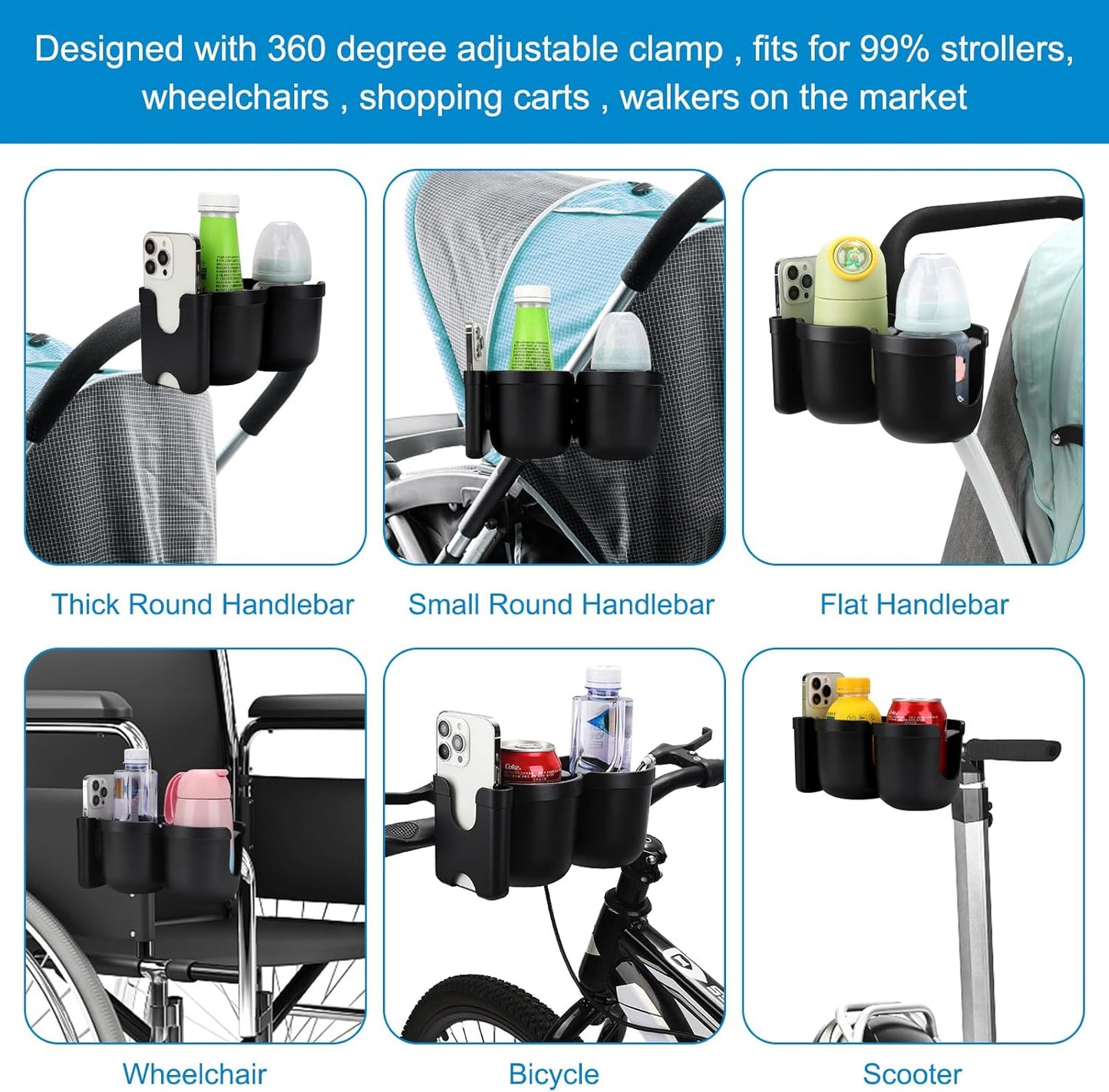 Accmor Stroller Cup Holder with Phone Holder, Bike Cup Holder, Universal Cup Holder for Uppababy Nuna Doona Strollers, 2-in-1 Cup Holder for Walker, Wheelchair, Scooter - Colors B