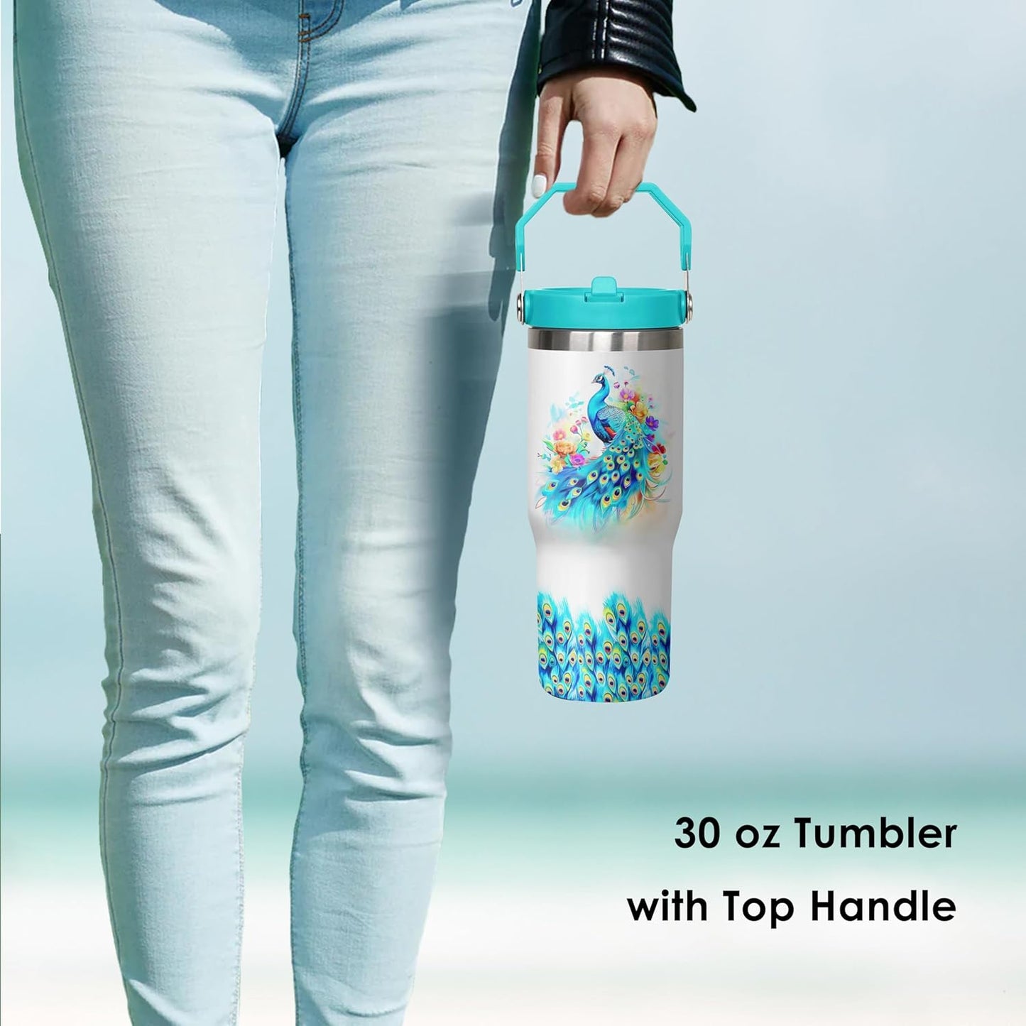 30 oz Peacock Blue Flip Straw Tumbler with Top Handle for Peacock Blue Lover Resuable Vacuum Insulated Flip Top Water bottle for Home Office Car